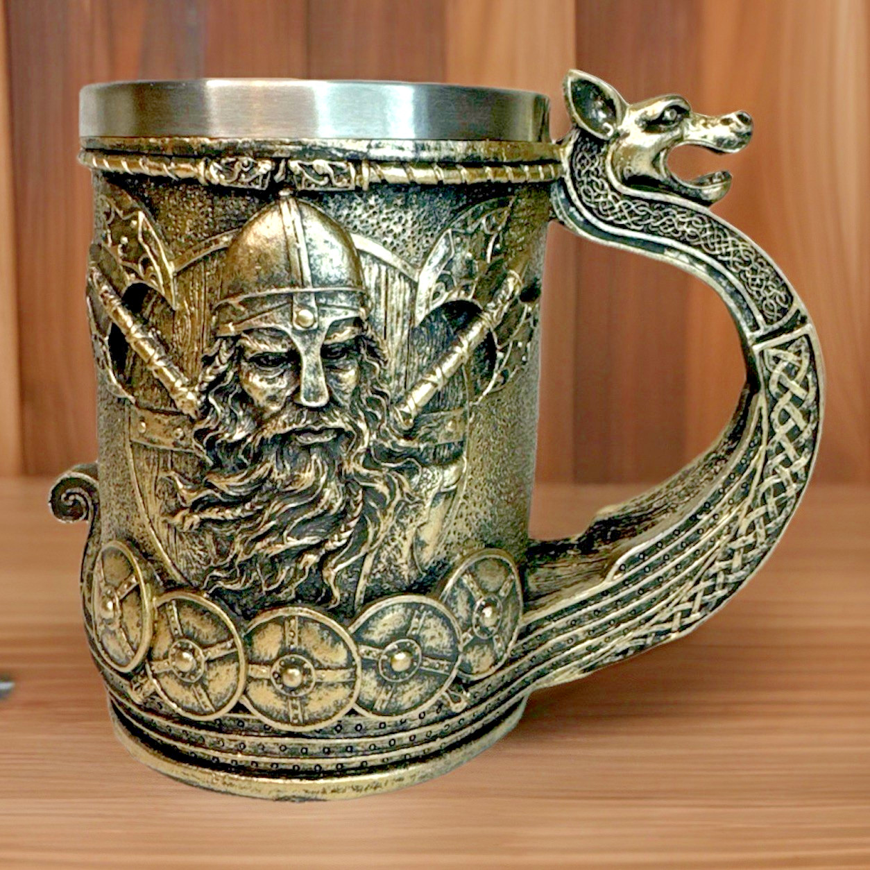 Viking Man Ship Dragon Tankard Mug Nordic Beer Mug Cup Resin Stainless interior
