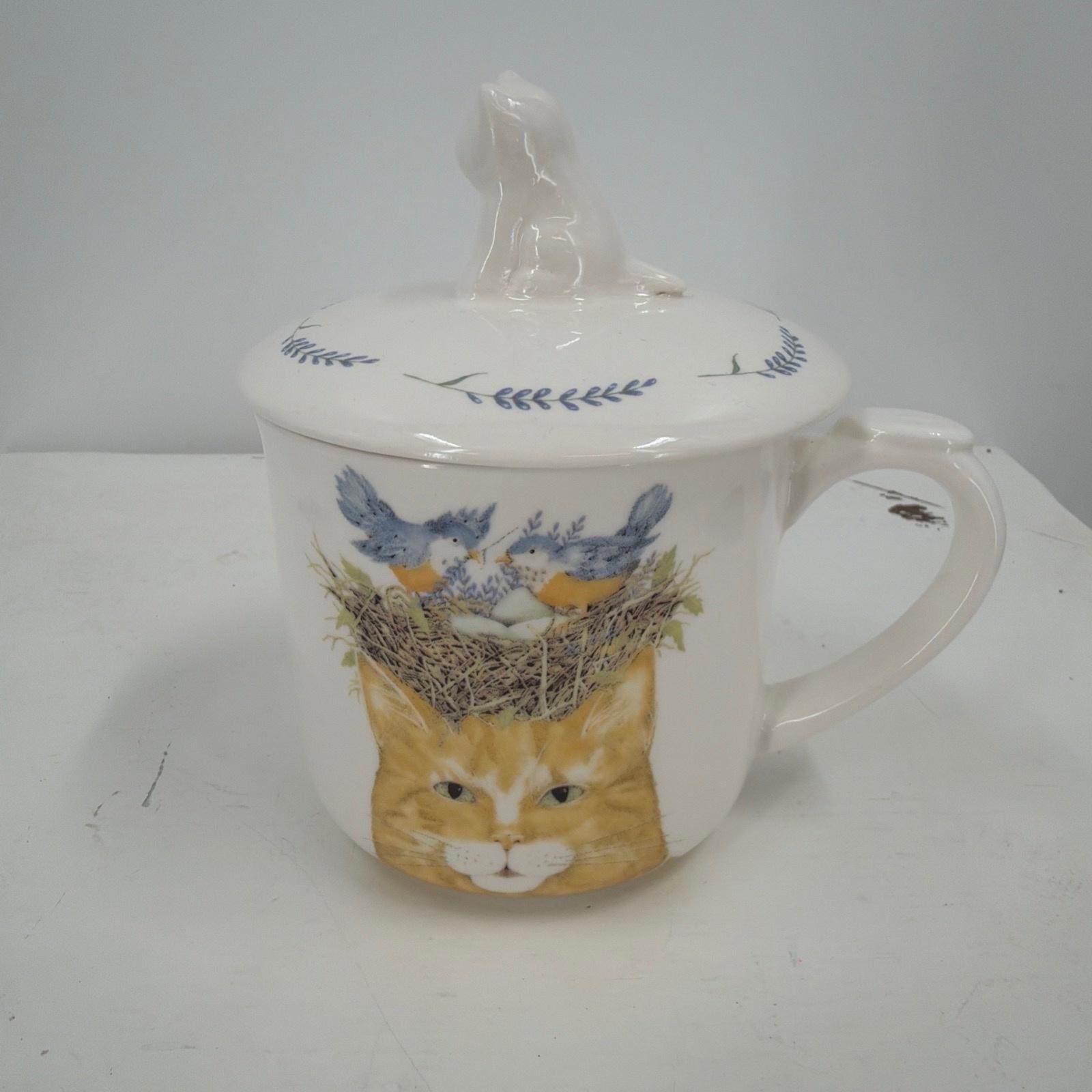 Ceramic Cat Lid Coffee Mug Cup White Birds Nest Cat Design Country Decor Kitchen