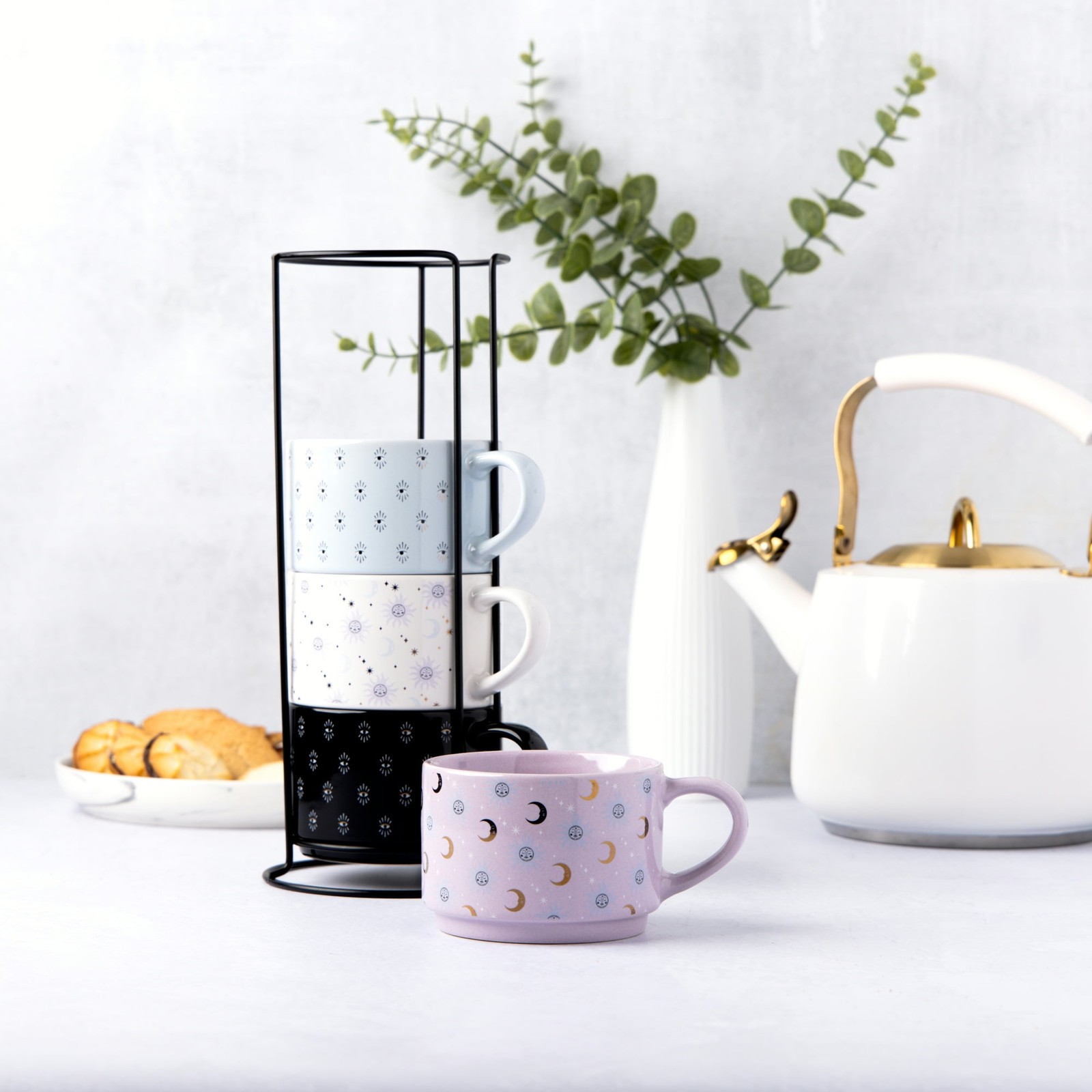 11.1 fl oz Assorted Celestial Stoneware Stacking Mugs W/ Wire Rack Set of 4