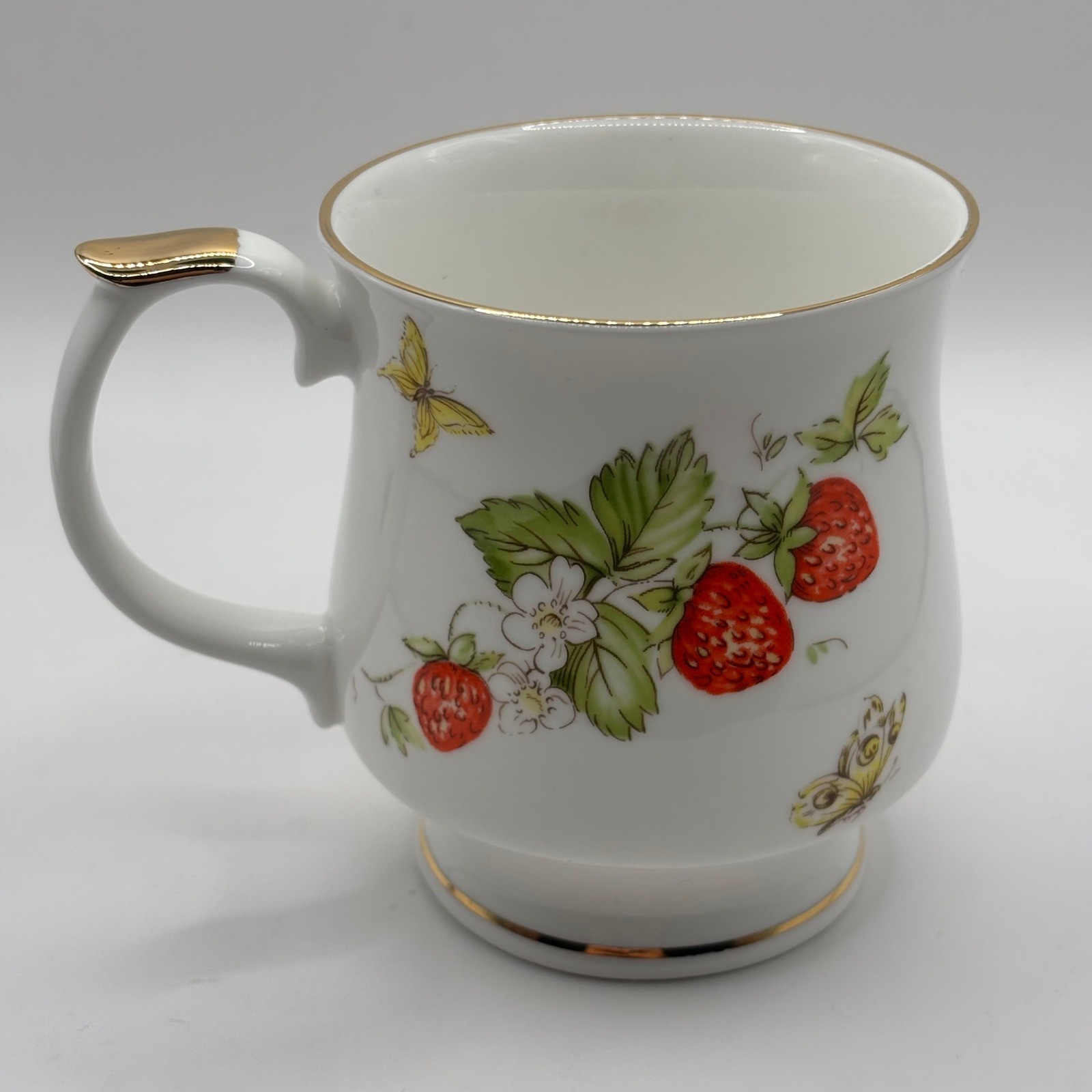 Vintage Queen’s Fine Bone China Strawberry Butterfly Mug Gold Trim White