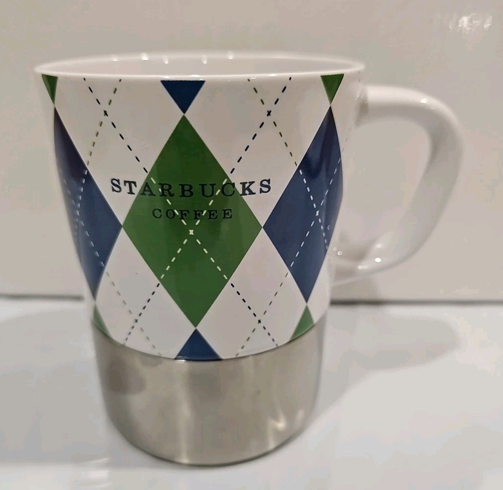 STARBUCKS Argyle Pattern 2006 Coffee Mug Green Blue Plaid 14 Oz.