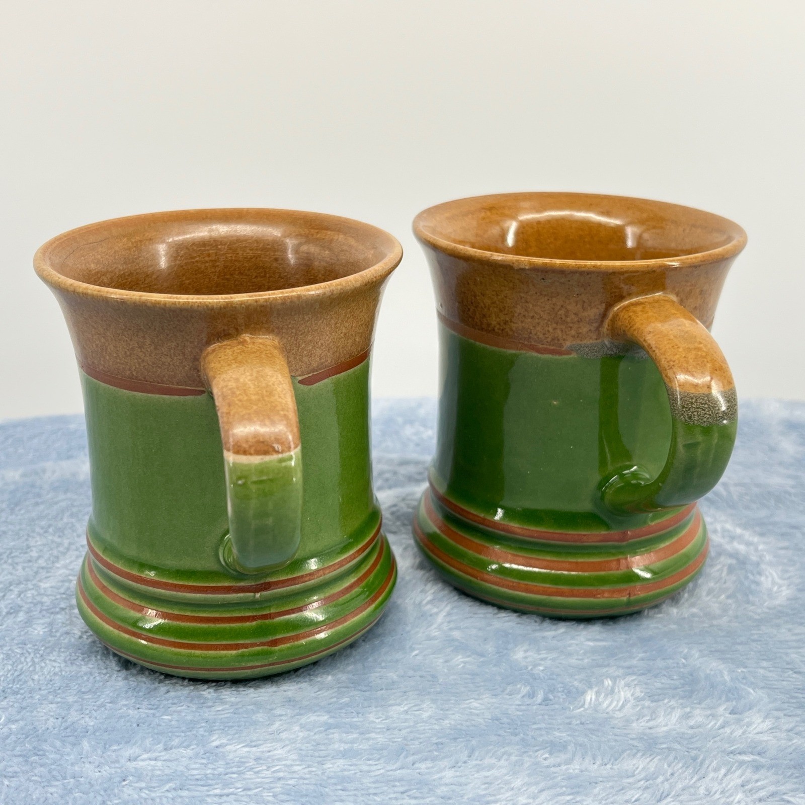 Mid Century Modern Japanese Green & Brown Stoneware Mugs – Set of 2