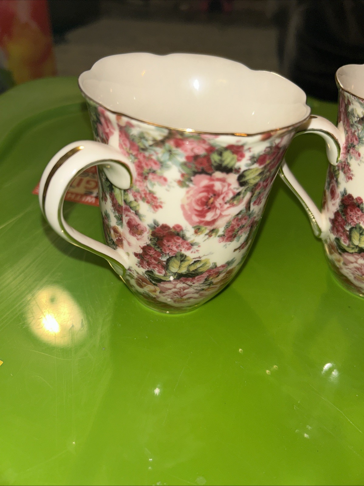Rose Chintz Set of 2 Fine Peppertree China Peonies 10oz Tea Cups/Coffee Mugs