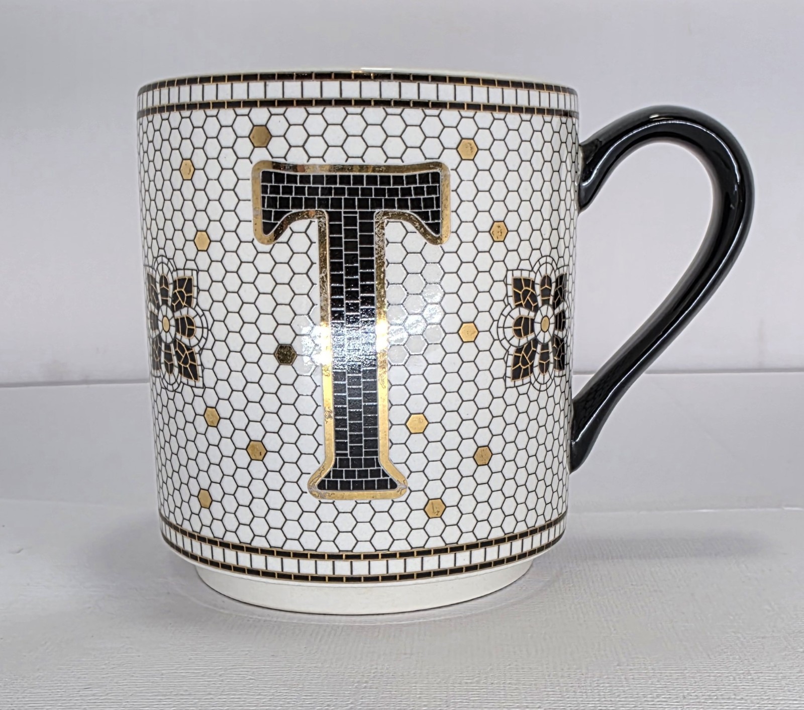 Anthropologie Bistro Tile Monogram Mug Initial T Ceramic Coffee Cup Stoneware