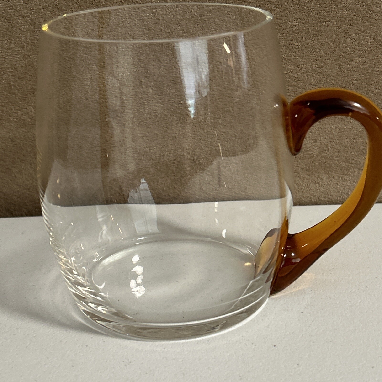 14 Ounce Hand Blown Clear Mug With Brown Amber Orange Handle