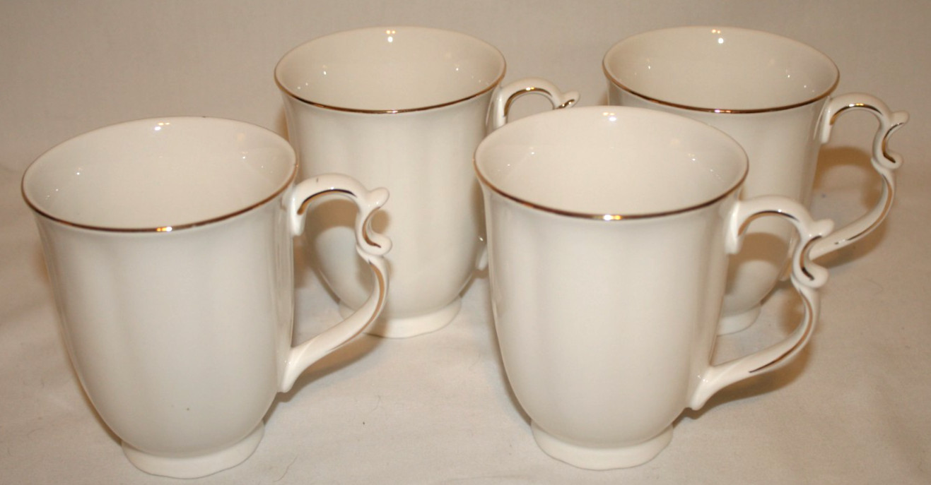 Grace Teaware Solid White Gold Trim Set of Four Footed Coffee Mugs New