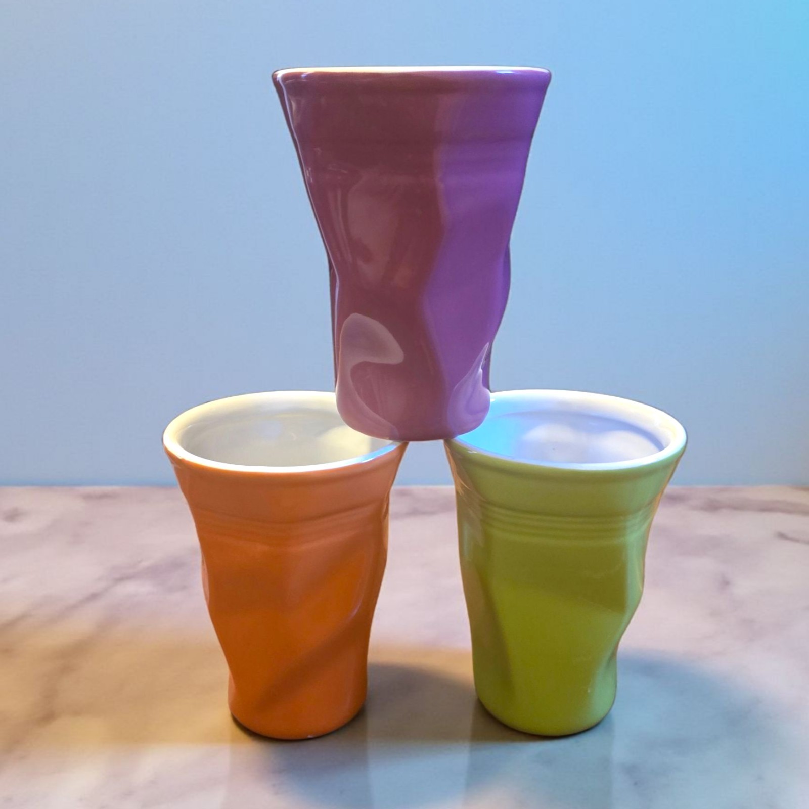 3 Porcelain Crumpled Crush 9 Oz Cup Mug Tumbler Set Green Orange Purple 4.5″
