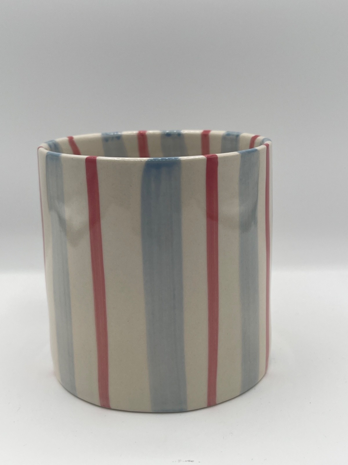 Anthropologie Hand-Crafted Daily Stripe Mug Red & Blue Unique Handle Design!