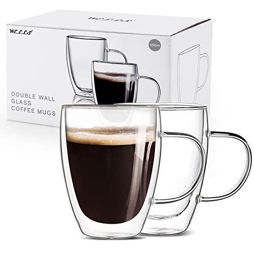 12 Oz Double Walled Glass Coffee Mugs with Handle,s, Set of 2