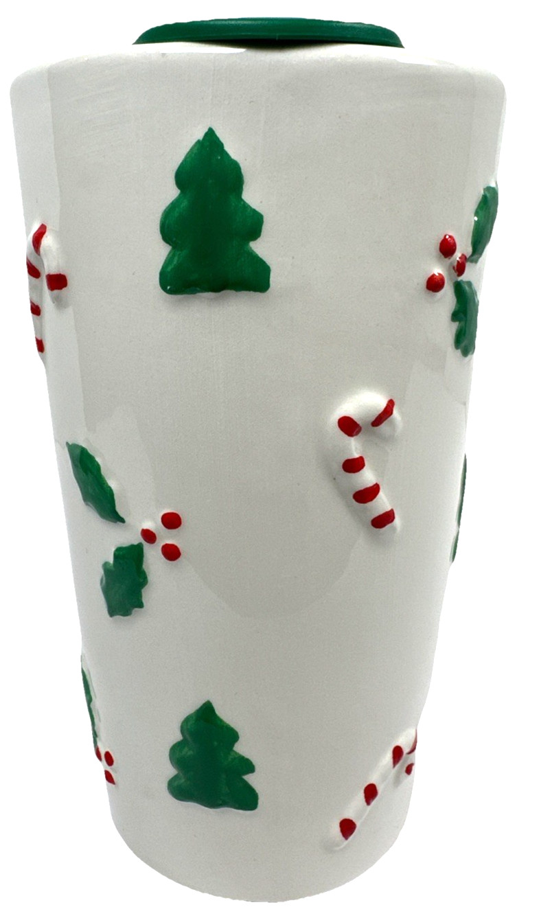 Sunday Morning Ceramics 18oz Hand Painted Ceramic Travel Mug Candy Cane Holly