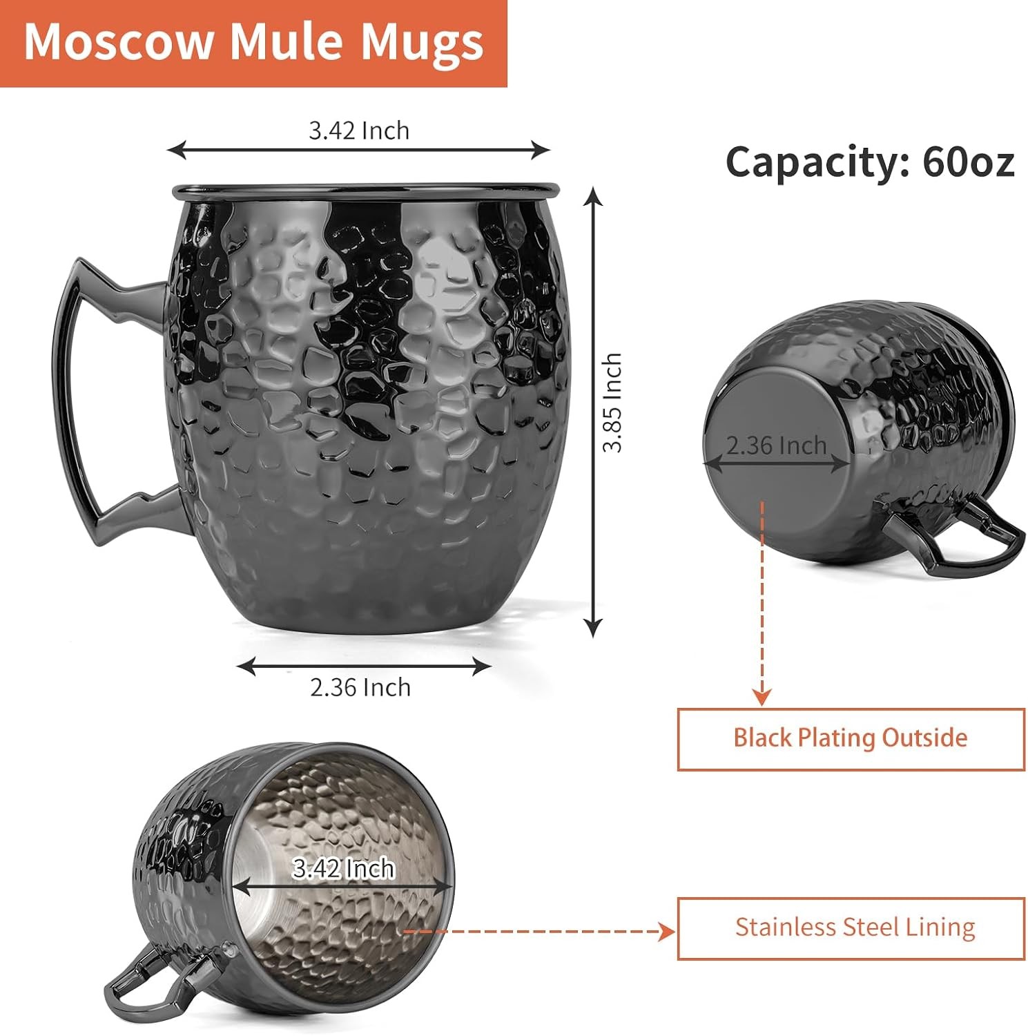 Moscow Mule Mugs, 16 OZ Black Hammered Mule Cup with 304 Stainless Steel Lining