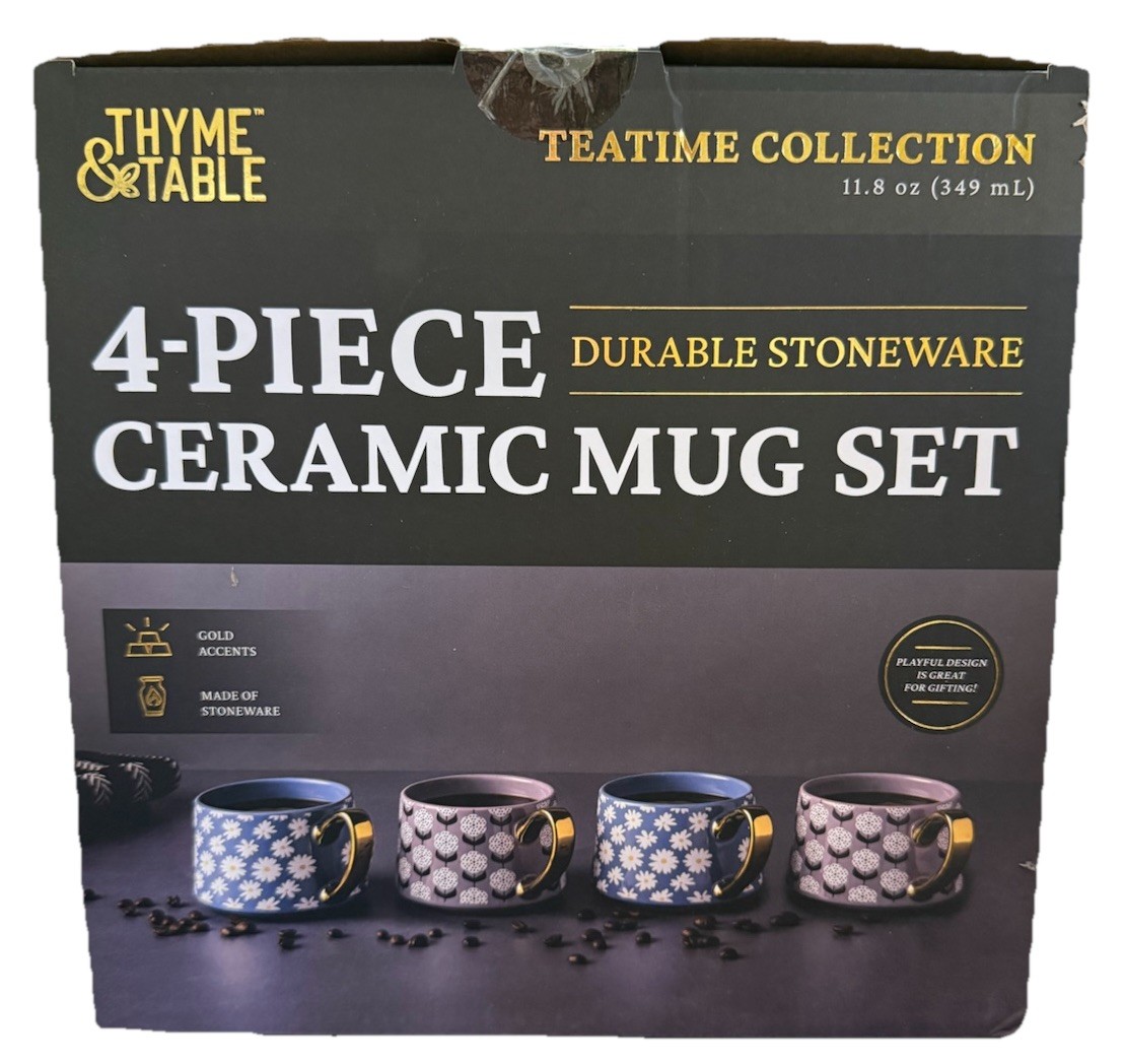 Thyme & Table Teatime Collection 4-Piece Stoneware Mug Set Gold Accents Floral