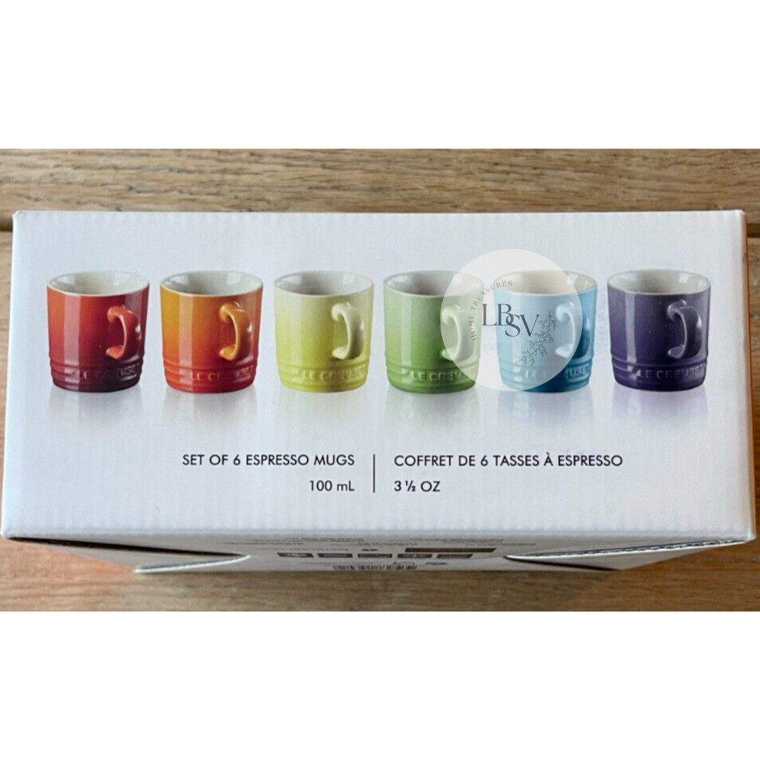 Le Creuset Stoneware Rainbow Multicolor Set of 6 3.5oz London Espresso Mugs NEW