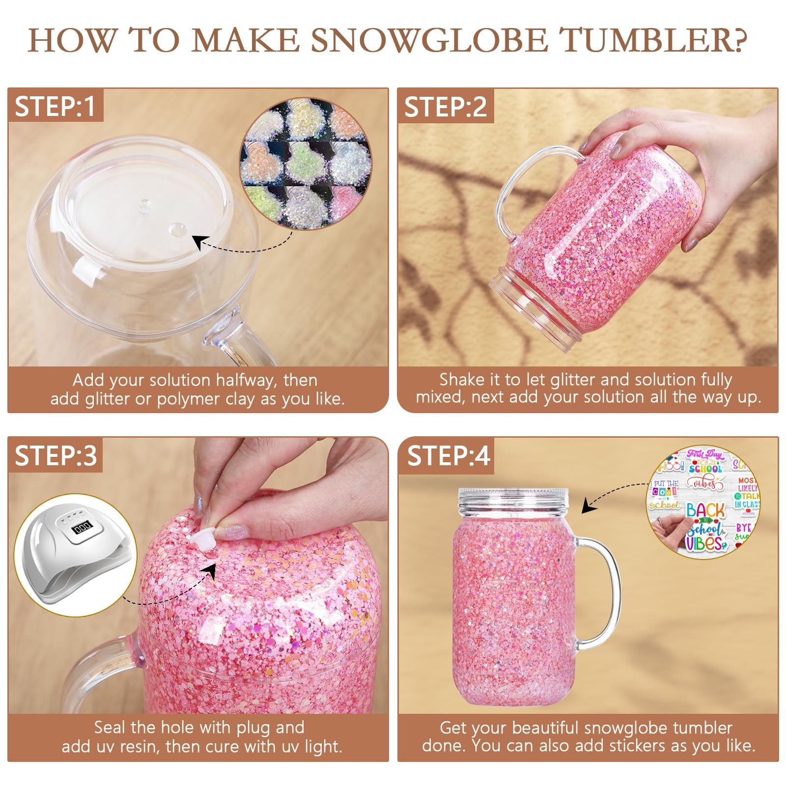 24 Oz Acrylic Snowglobe Tumbler with Handle,4 Pack Pre-Drilled Double Wall Pl…