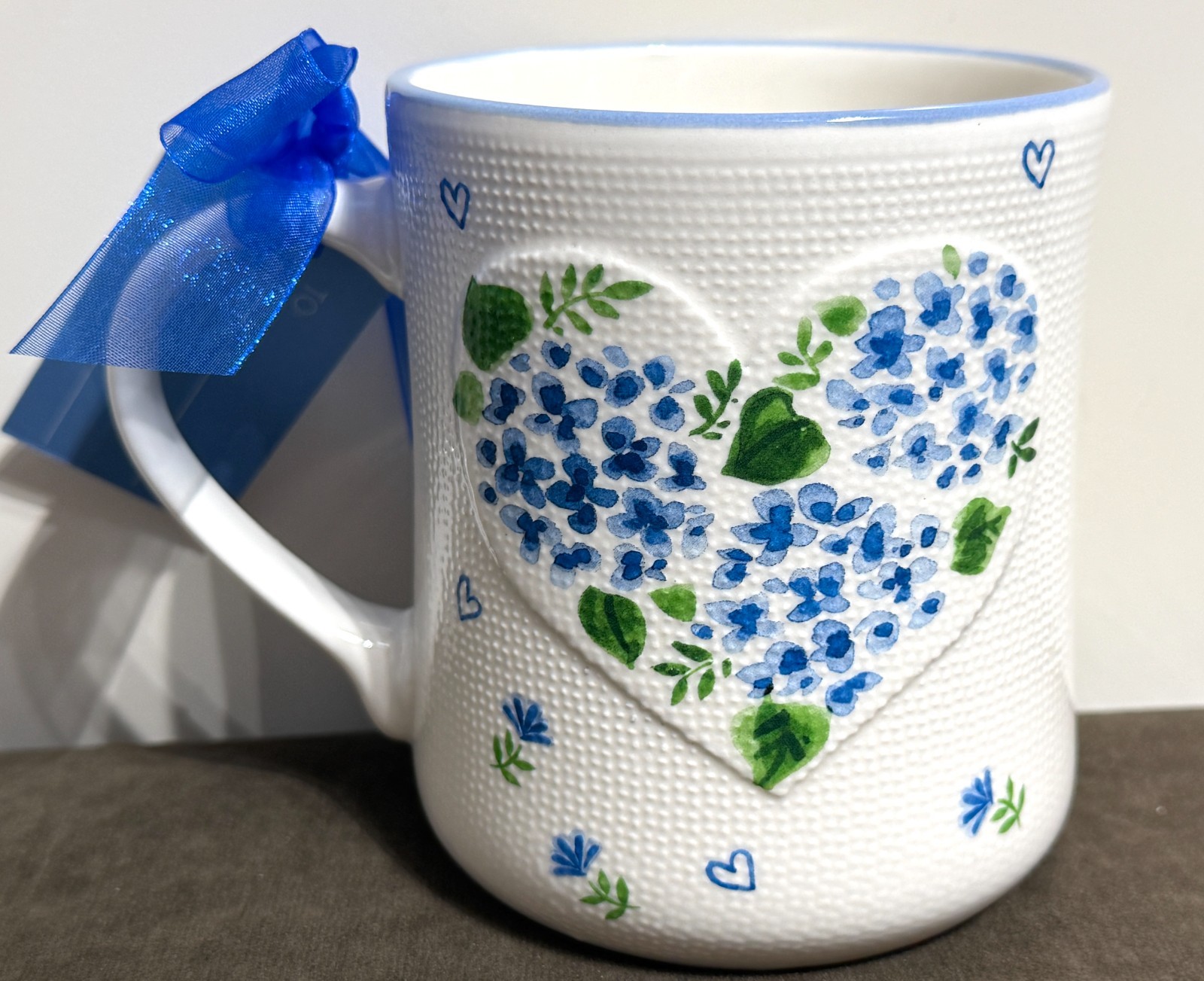 Petal & Pearl Blue Hydrangeas & Hearts Ceramic Mug with Dot Texture #675