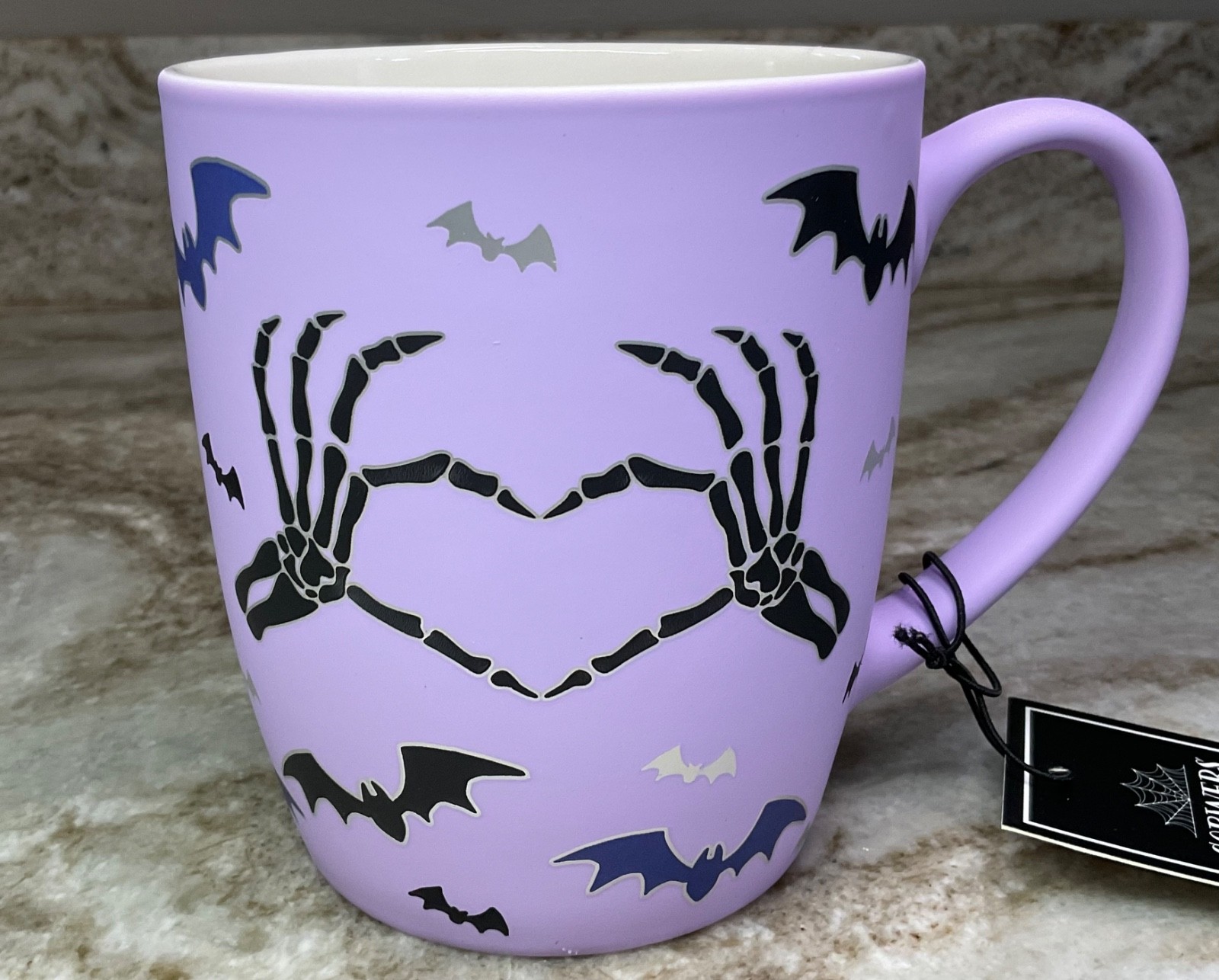 Large Halloween Coffee Mug Skeleton Heart Hands And Bats Purple New