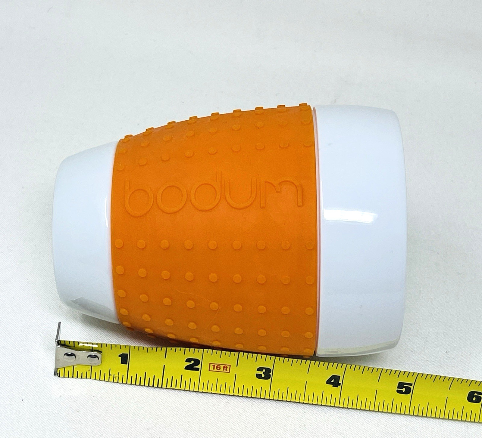 Bodum Pavina Thermal Mug Porcelain Ceramic Orange Silicone Textured Sleeve 12 oz