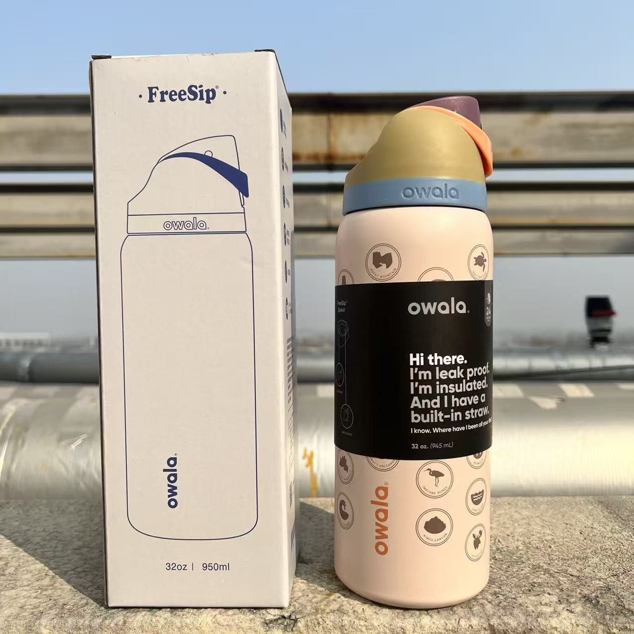 Owala FreeSip 32oz Stainless Steel Water Bottle -world- New w/Box