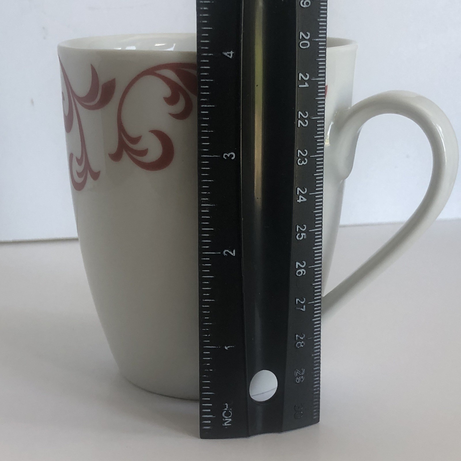 White Coffee Mug Cup With Red Scrolls Design 12 Oz Stoneware 4″ Round