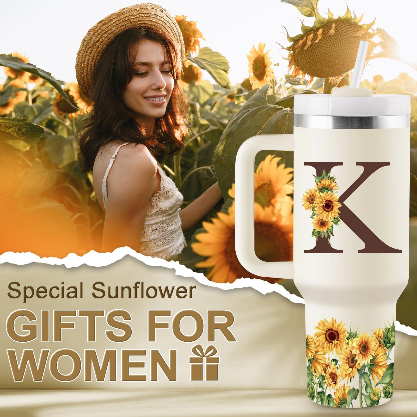 ROSTANTEN Sunflower Gifts for Women – Monogrammed 40 oz Tumbler with Handle &