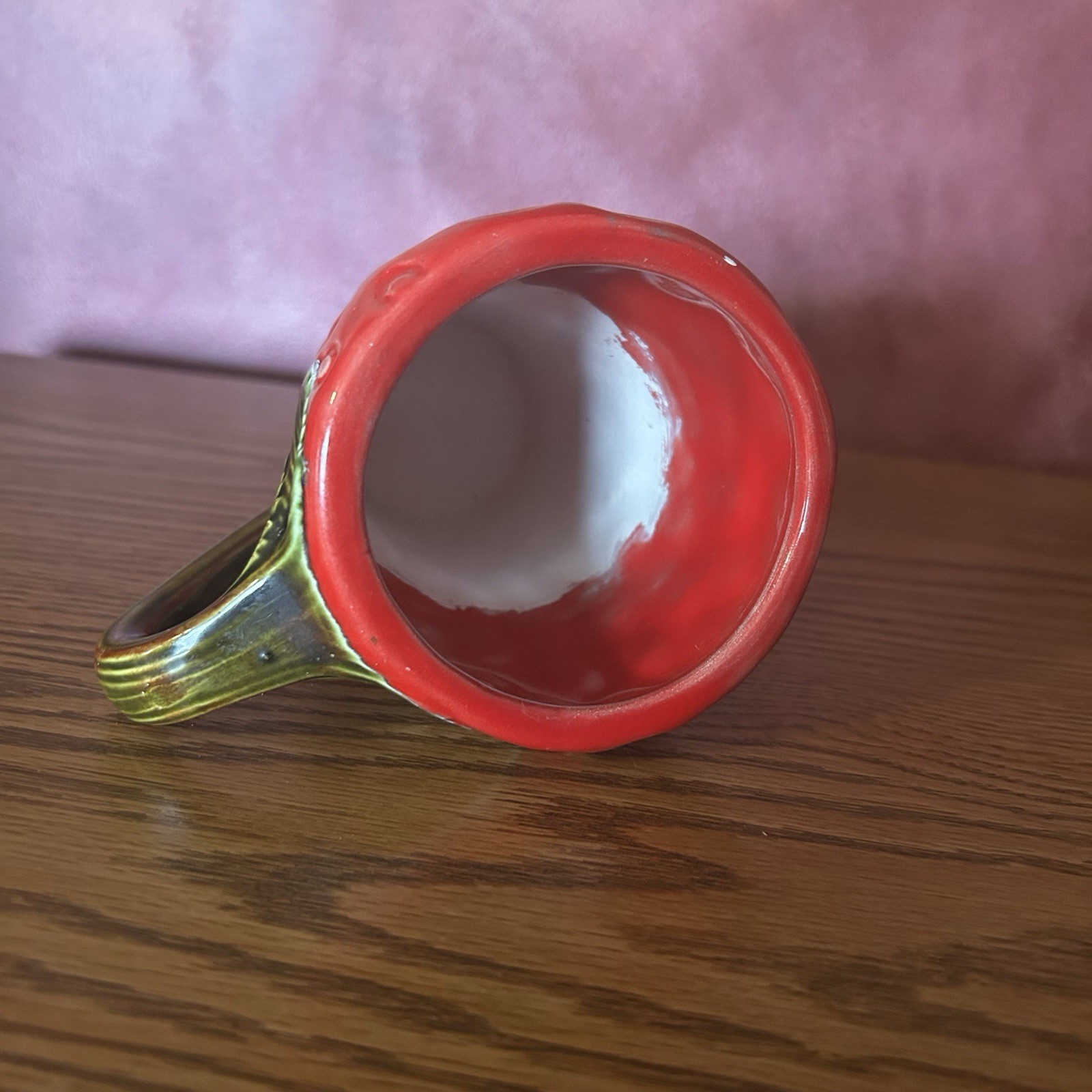 Red Strawberry Pattern Ceramic Coffee Mug w/ Green Leaf Handle, 8 fl oz