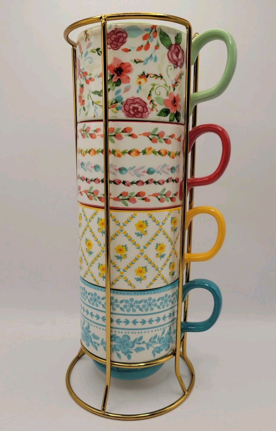 Pioneer Woman Mugs Stacking Stoneware Floral Ceramic Cups In Metal Rack