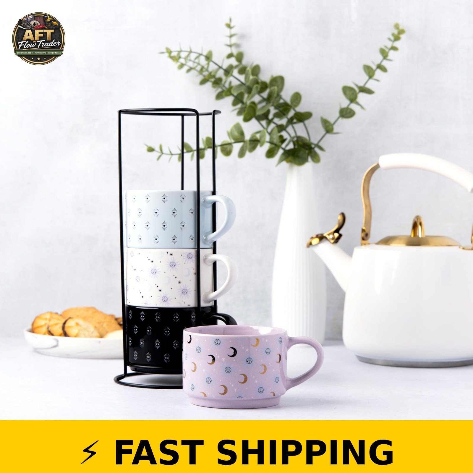 Thyme & Table 4 Pack Celestial Stacking Mugs, Assorted Colors