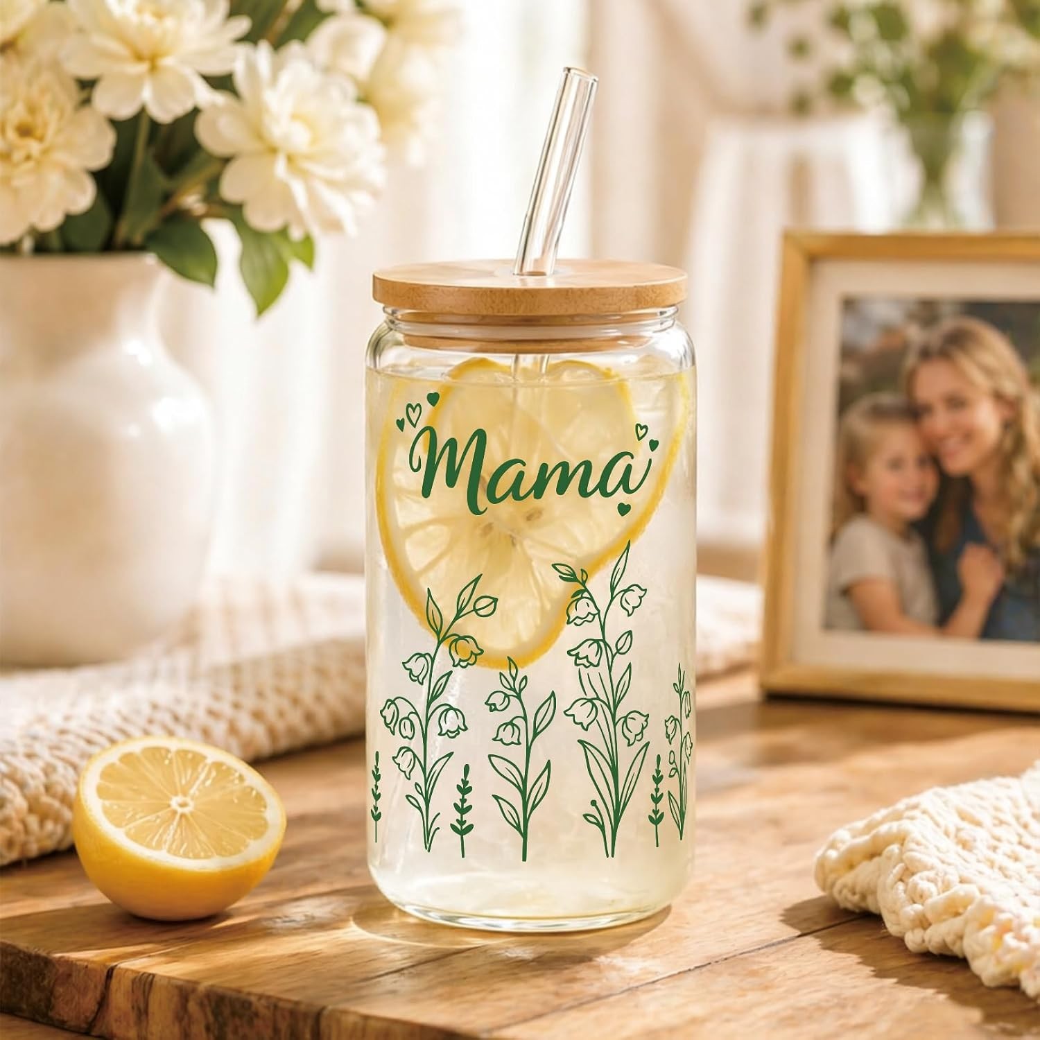 Mama for Mom – 16oz Floral Iced Coffee Cup with Lid and Straw – Cute Birthday