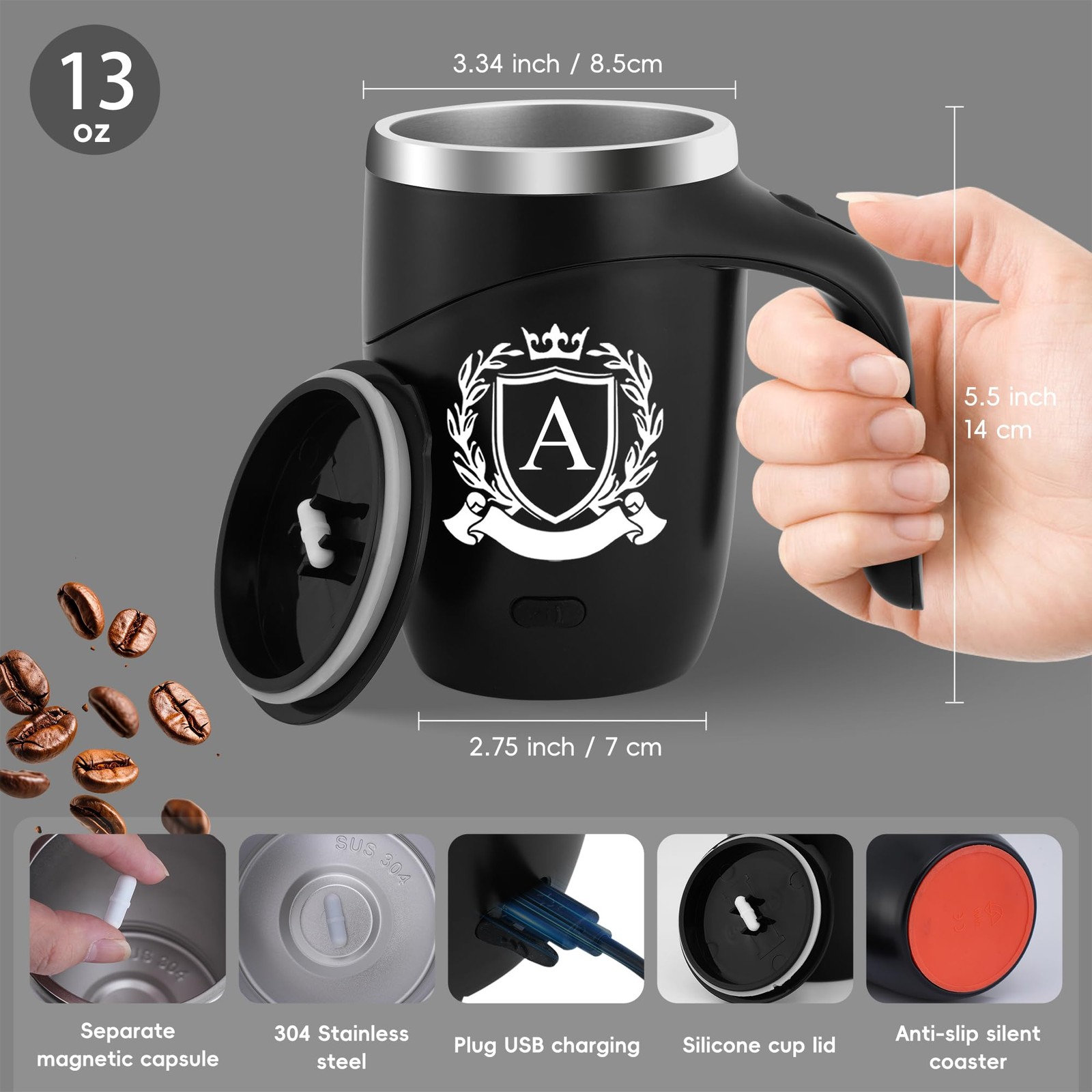 Initial Magnetic Stirring Coffee Mug Stainless Insulated Cup Men Him Boyfriend