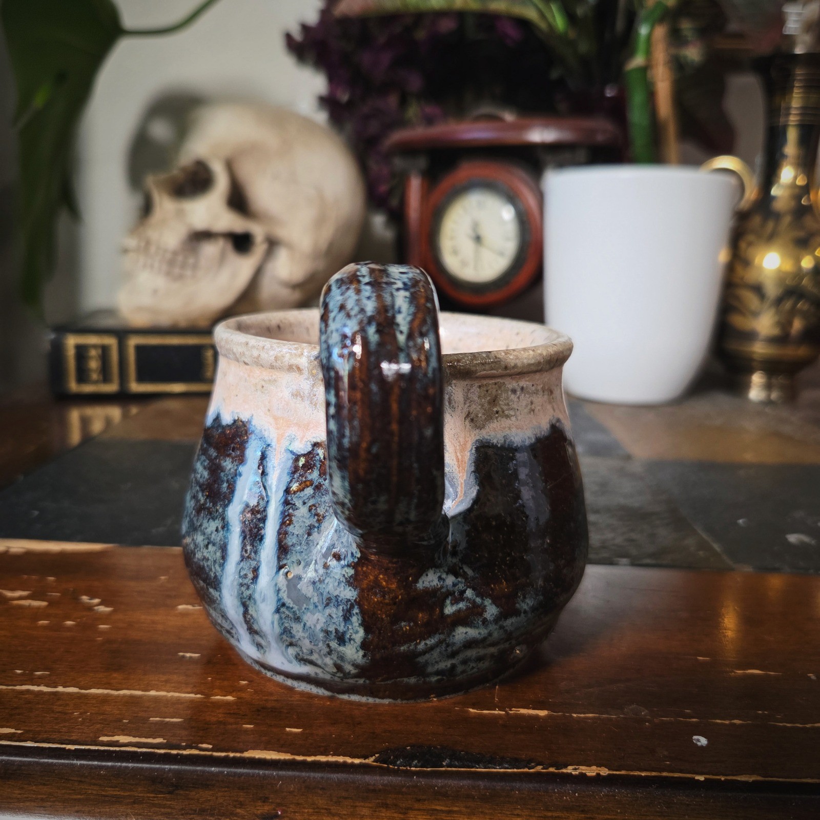 Handmade Studio Pottery Mug Diana Signed Blue Brown Drip Glaze Coffee Tea Cup