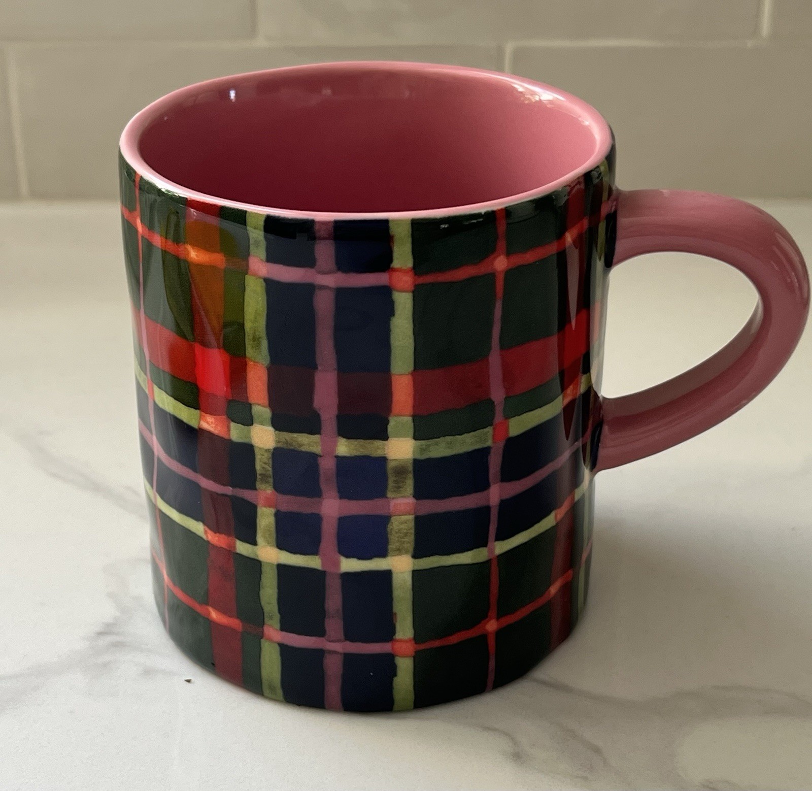 Anthropologie Tartan Plaid Stoneware Coffee Tea Mug Pink Interior & Handle