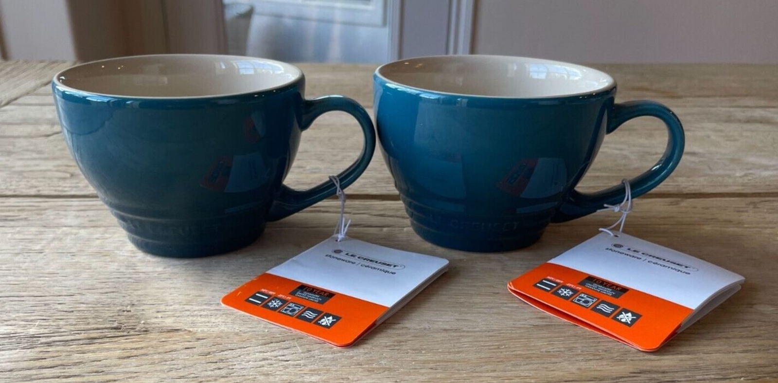 Le Creuset Stoneware Set of 2 Giant Cappuccino Bistro Mug 14 oz Deep Teal NEW