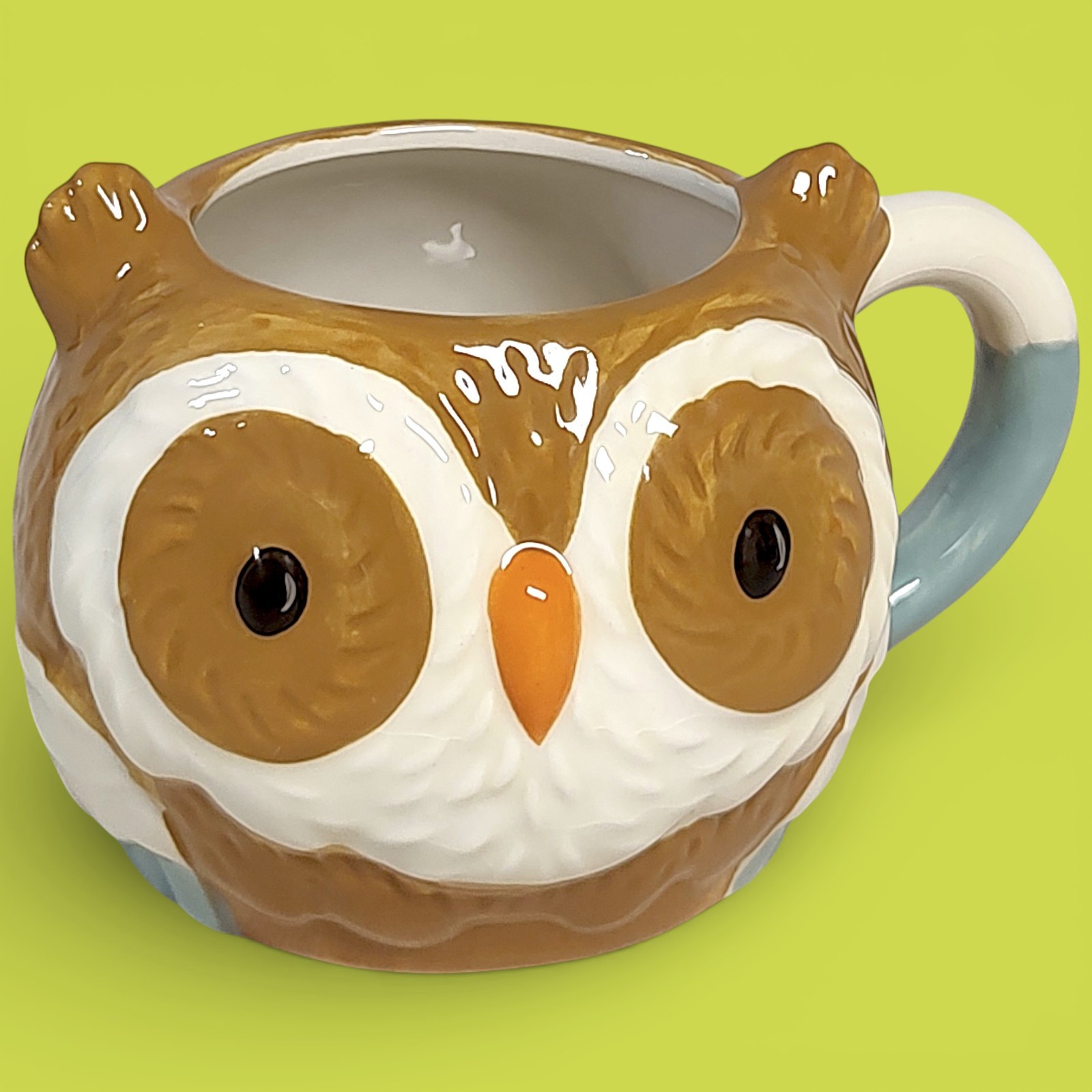10 fl oz Hand Painted Earthenware Brown and White Ceramic Owl Mug / Cup 3″