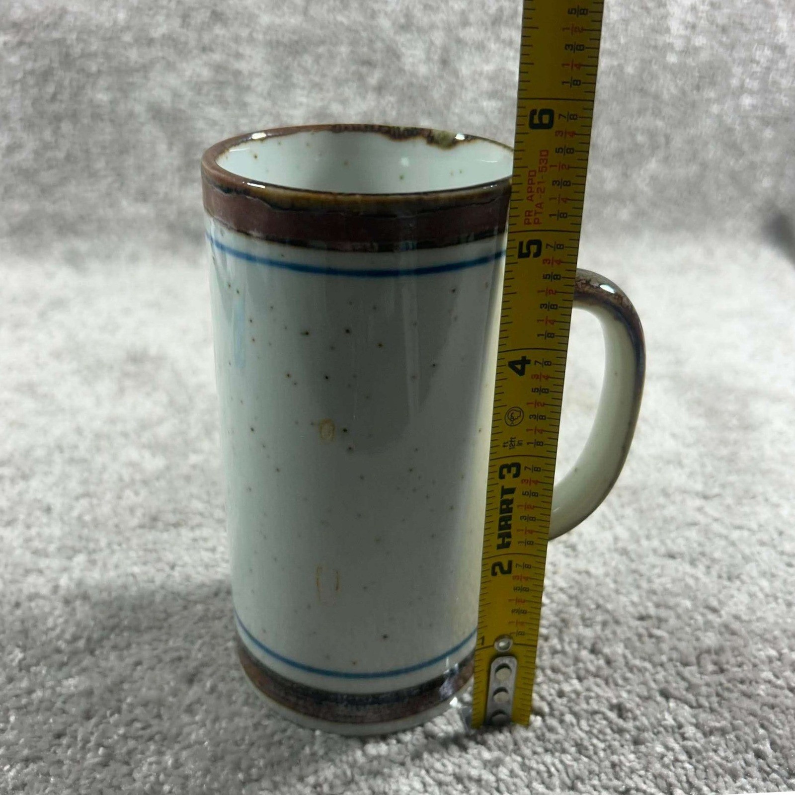 Striped Speckled Stoneware Tall Mug Cream Brown Blue Cylindrical 10oz