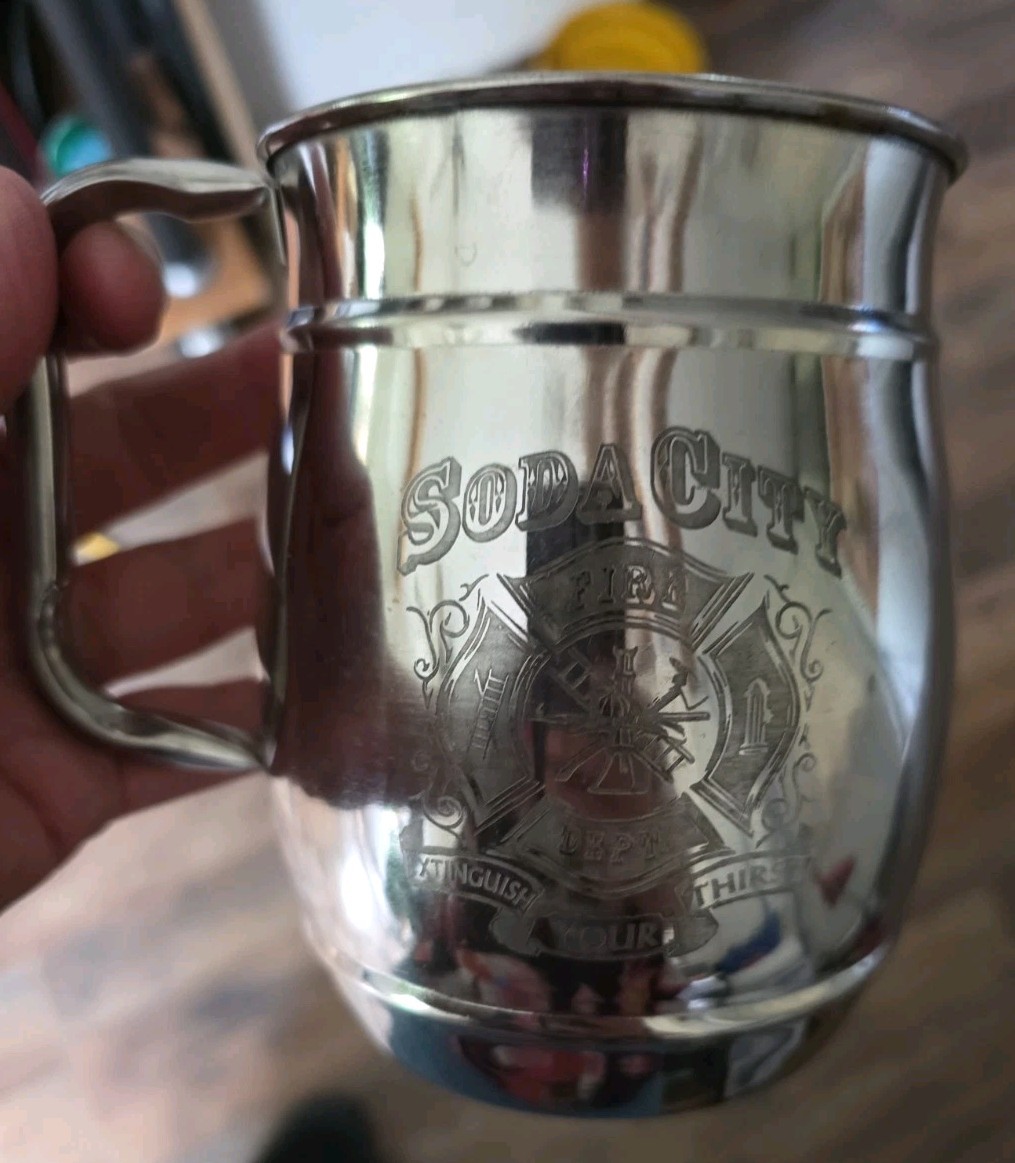 Metal Steel Soda City Mug Fire Department Logo Extinguish Your Thirst