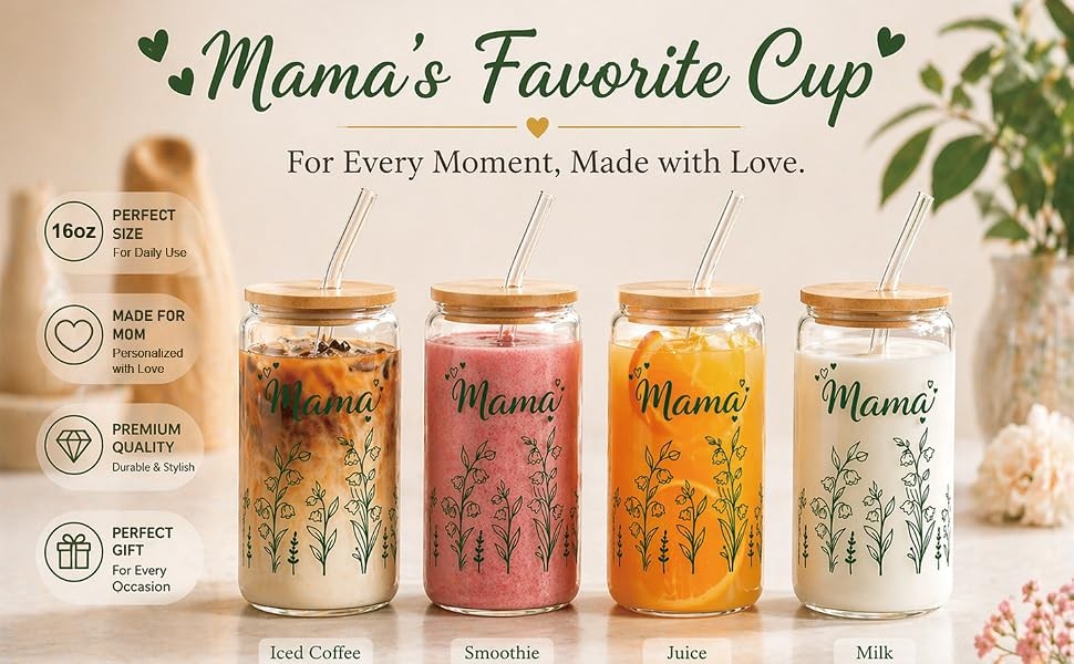 Mama for Mom – 16oz Floral Iced Coffee Cup with Lid and Straw – Cute Birthday
