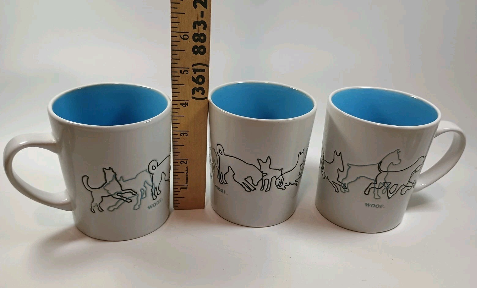 Lot Of 3 Mainstays Ceramic Woof 12 Oz Coffee Mug White Dog Outlines Blue Inside