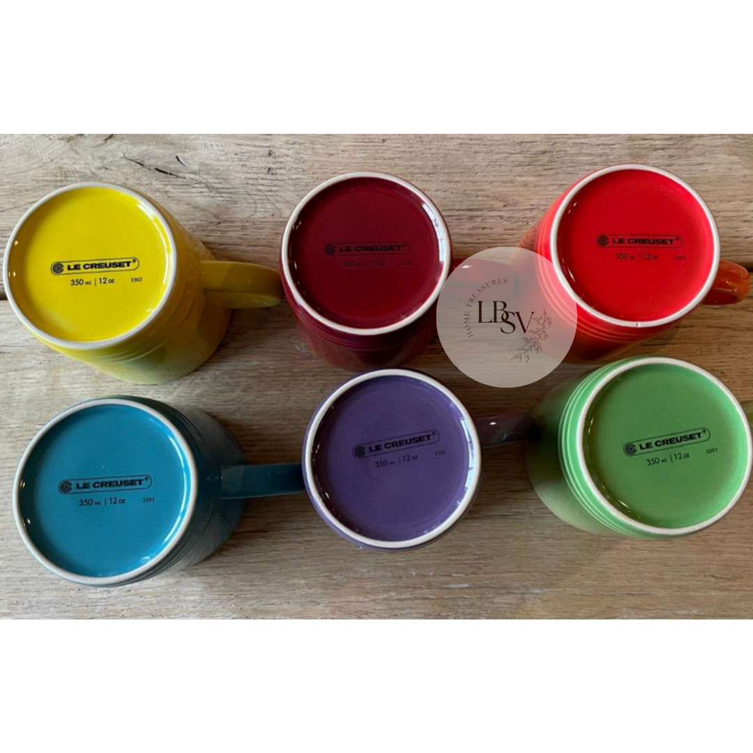 Le Creuset Stoneware Rainbow Multicolor Set of 6 12 oz London Coffee Mugs NEW