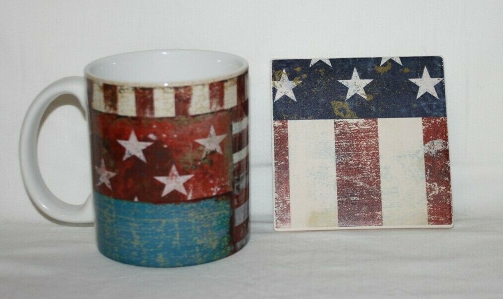 Counter Art 11oz Mug 4″ Stone Coaster Gift Set Patriotic Patchwork