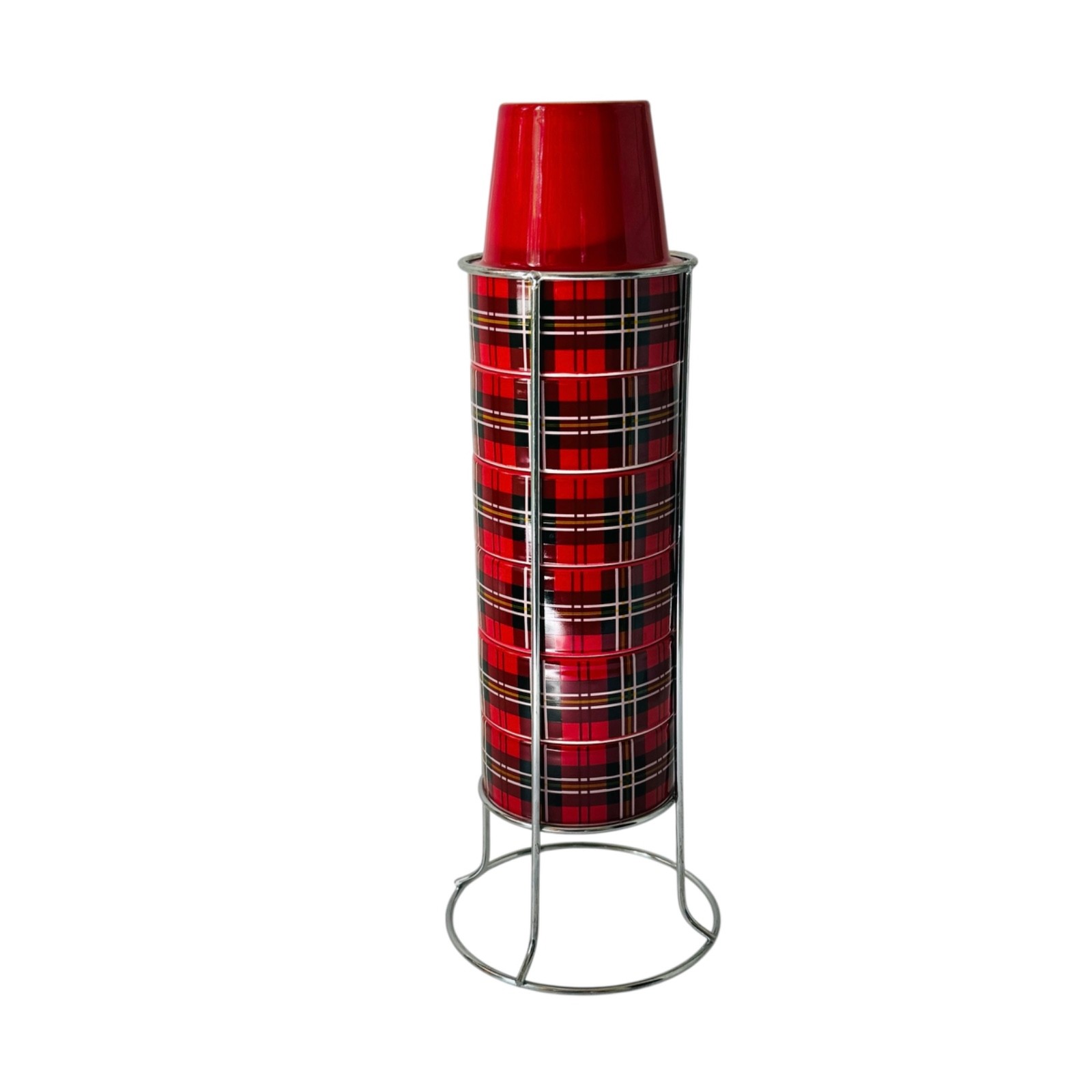Stacking Ceramic Cappuccino Mugs Set/6 Red Plaid 8 oz Metal Stand Retro Xmas