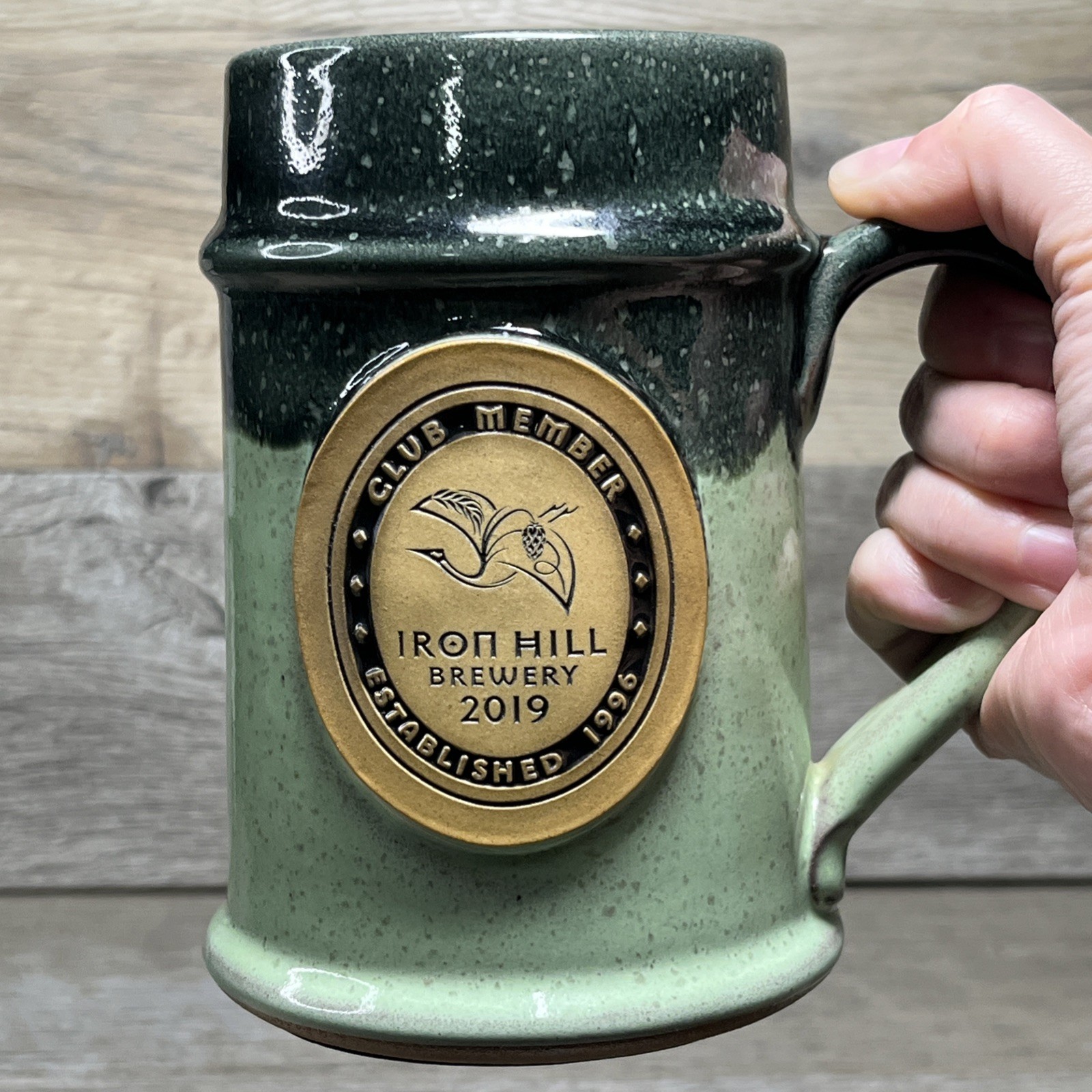 IRON HILL BREWERY 2019 Club Member Mug Green Drip Glaze Pottery Stoneware Stein