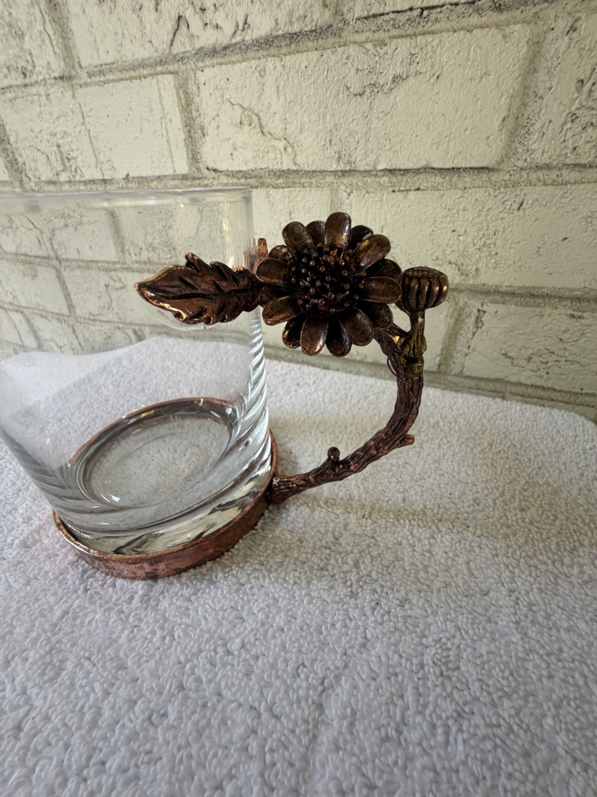 Clear Glass Mug 8 fl oz Copper-Tone Floral Metal Handle & Base Rustic Decor