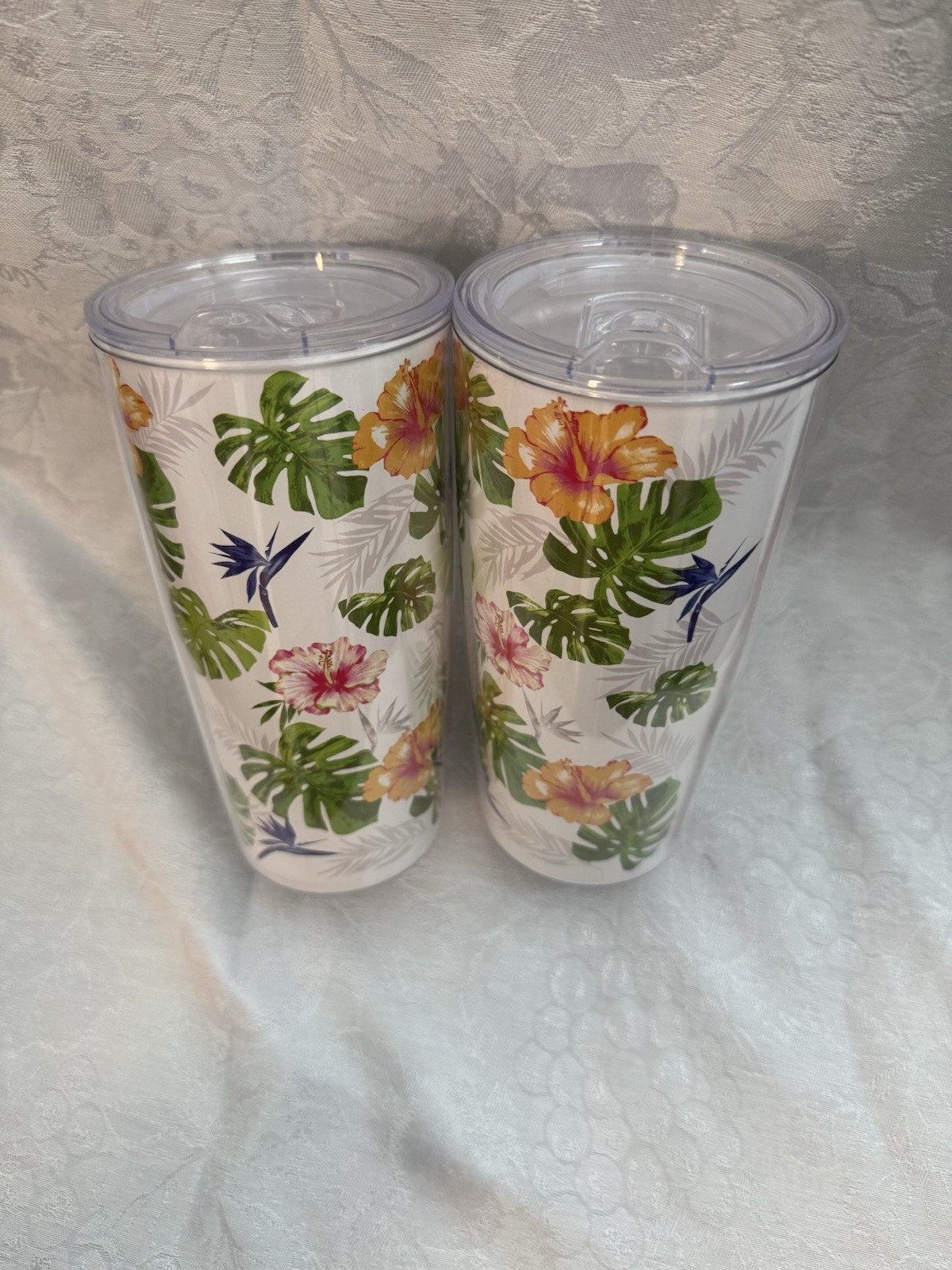 Tropical Floral Plastic Tumbler Cup With Lid Hawaiian Hibiscus Monstera Design