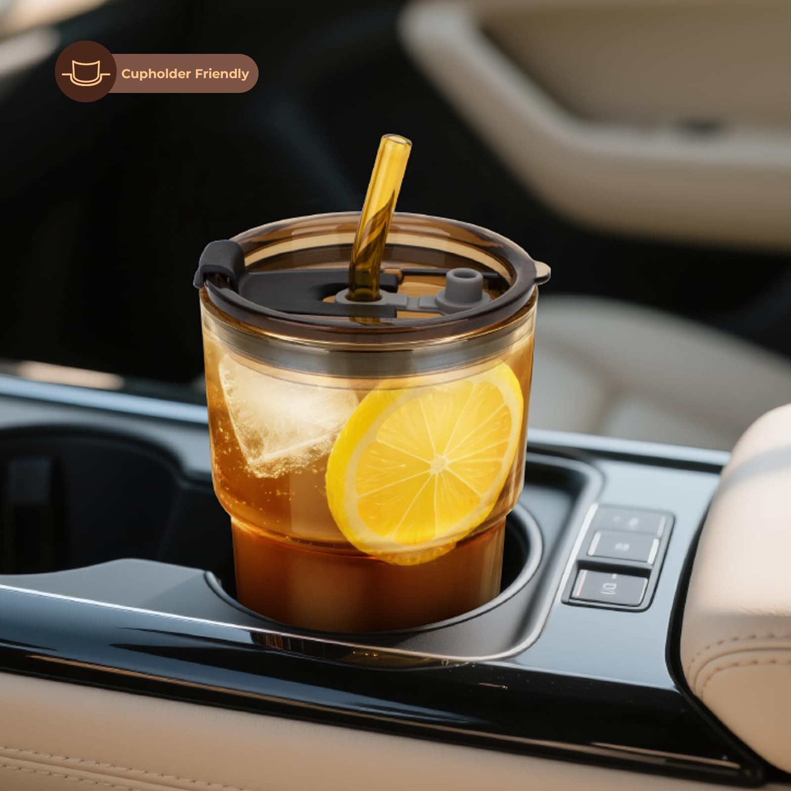 13 oz Glass Cups with Lid and Straw 2 Pack, Non-Slip Bottom