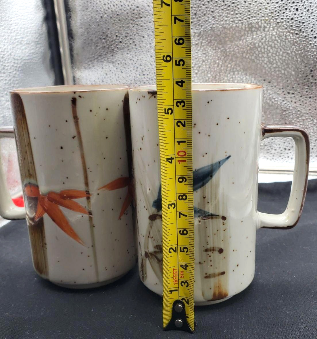 VTG Otagirl Tall Stackable Mugs Set Of 2 Birds Bamboo Speckled Japan 70s Ceramic