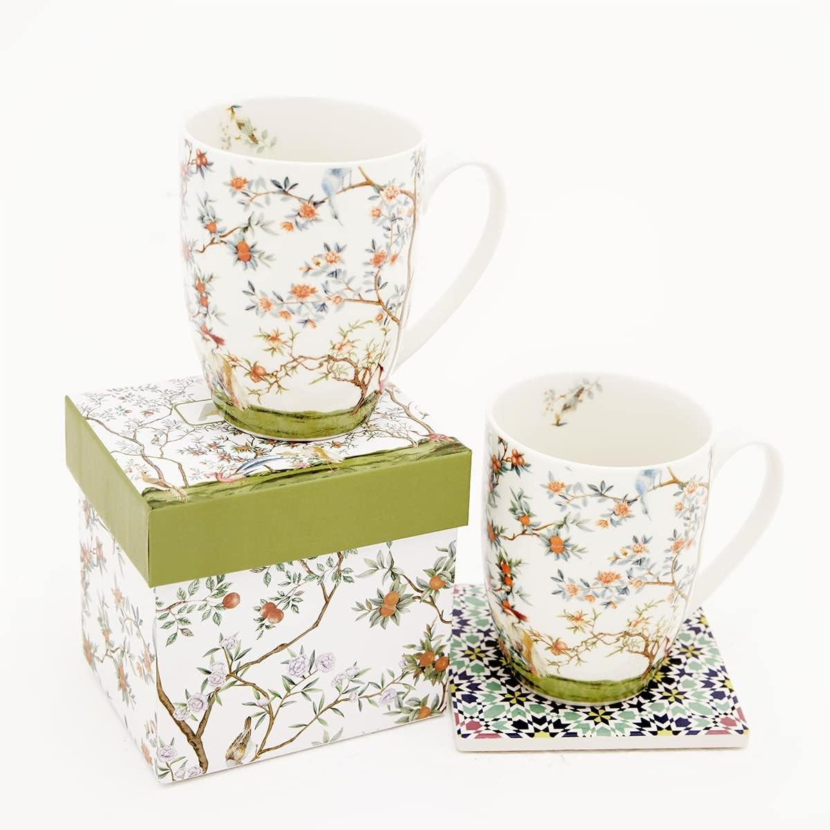 Fine China Mugs Bird and Branch Chinoiserie Coffee Mugs Flower Tea Cup Crafted