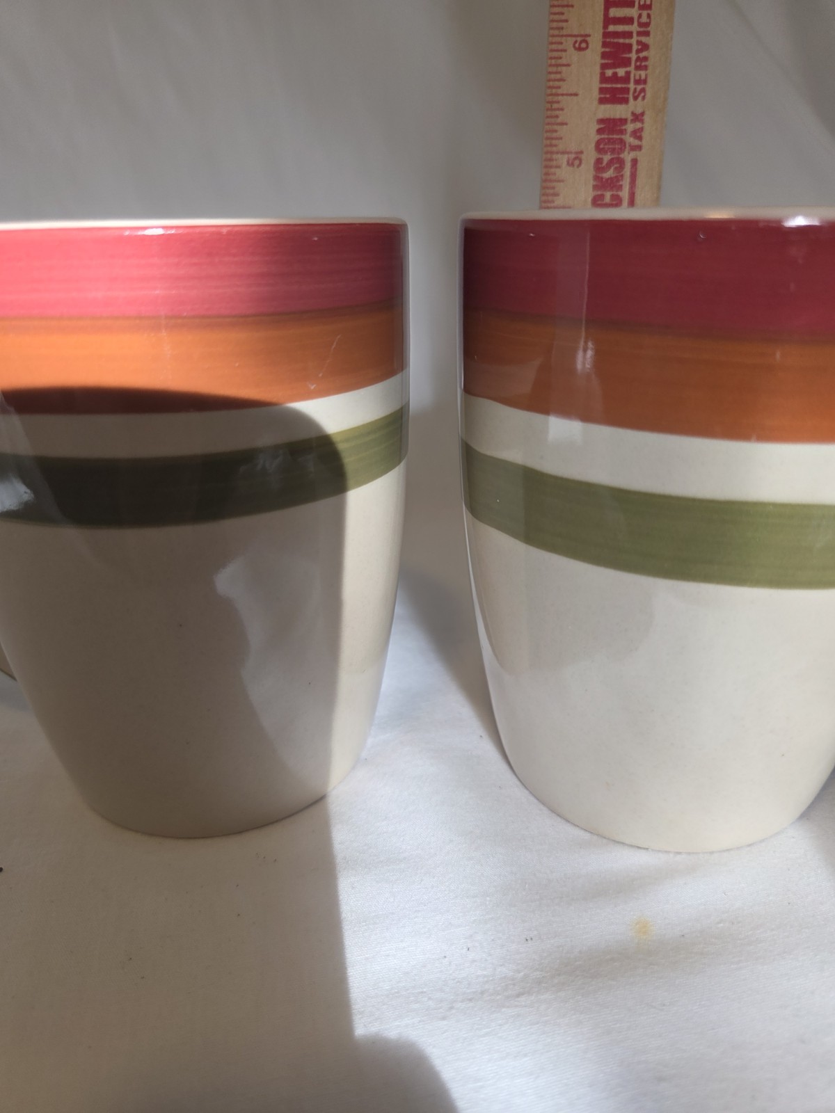 Ceramic Coffee Mug Set Striped Multicolor Red Orange Green Two-Piece 4in