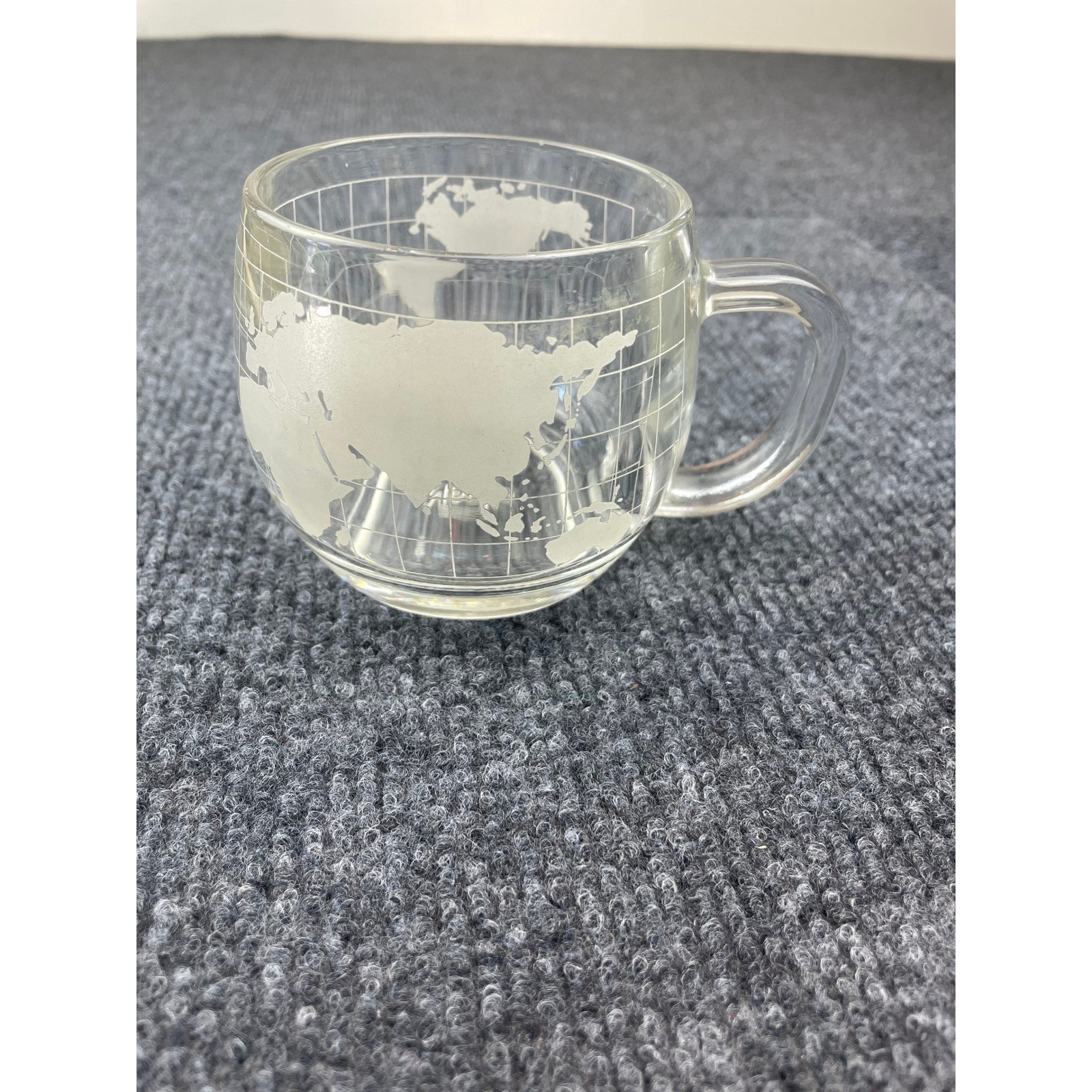 Vintage Nestle Clear Glass World Map Globe Etched Coffee Mug Cup Frosted Design