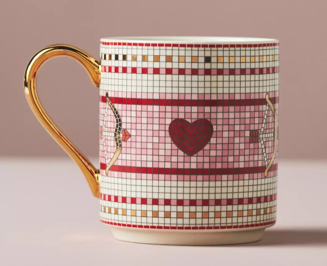 Anthropologie Bistro Tile Valentine’s Mug BISOU Stoneware Bow Arrow Rose Heart