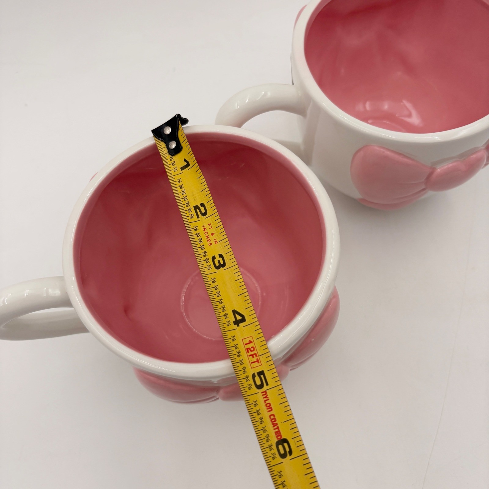Slay The Day Pink Bow Heart Ceramic Coffee Mugs Set of 2 White Pink Hand Painted